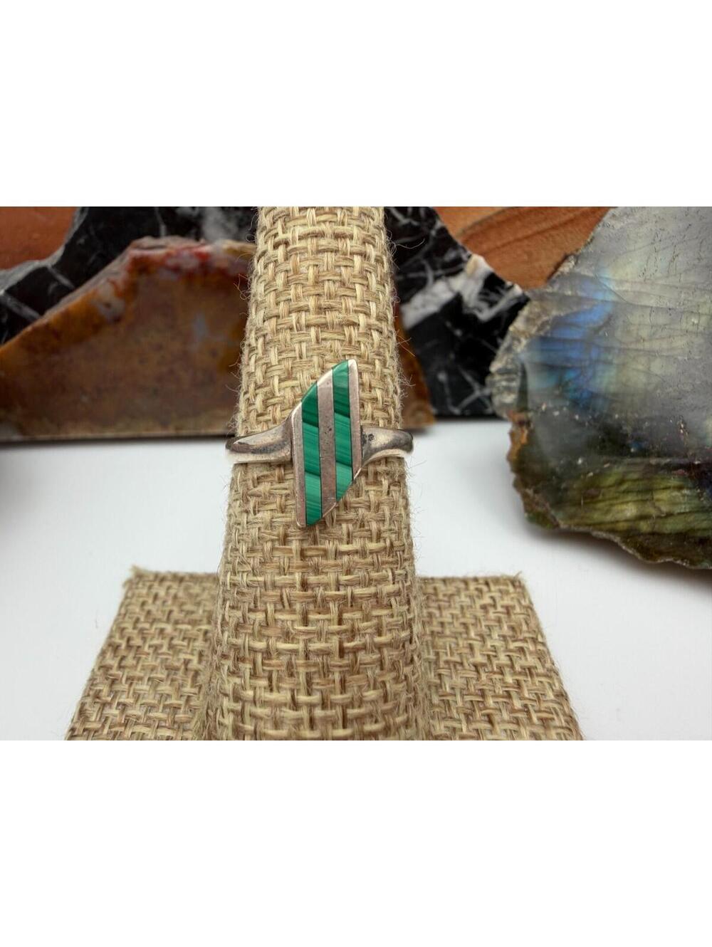 Vintage Malachite Stone Channel Inlay Sterling Silver Ring